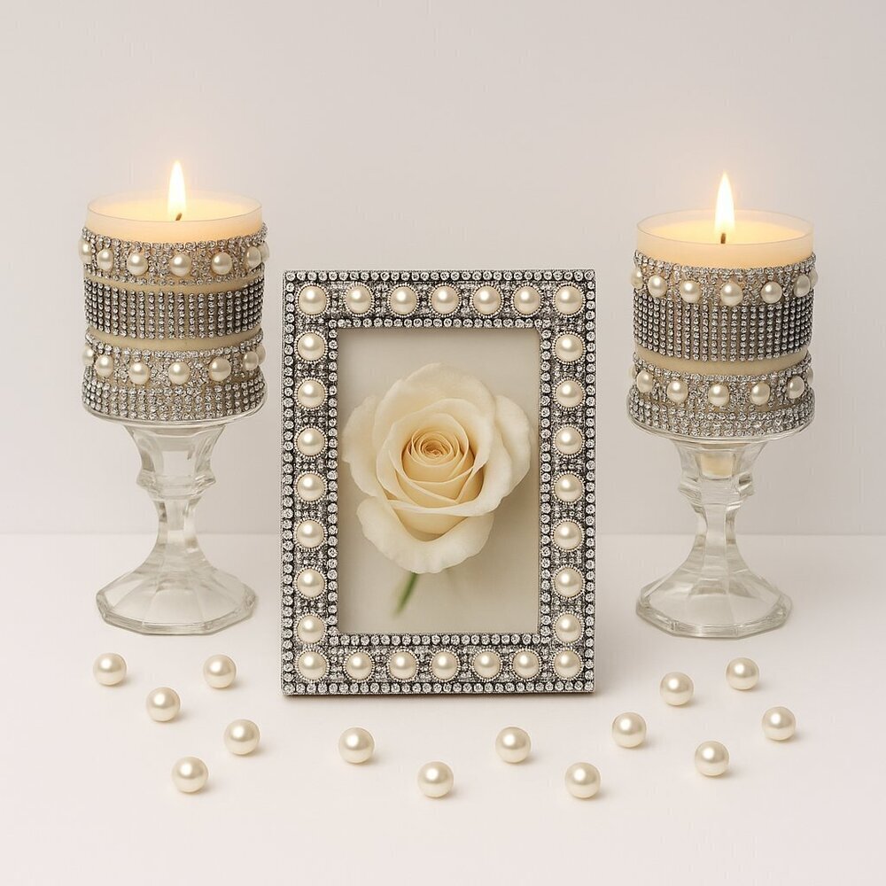 Handmade Glam Silver & Pearl Decor Set – Picture Frame with Matching Candle Hold